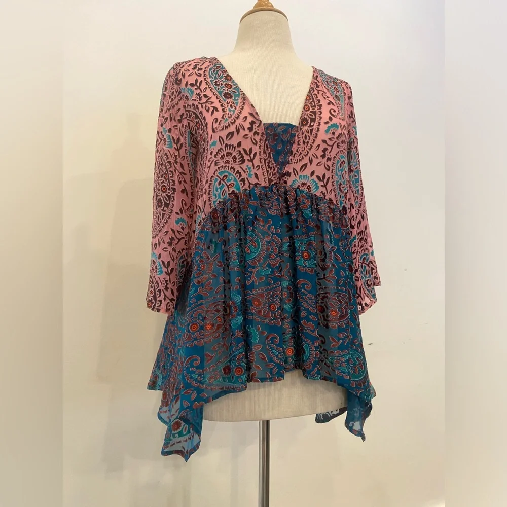 Flowy Silk & Velvet Anthro Top - Picture 3 of 7